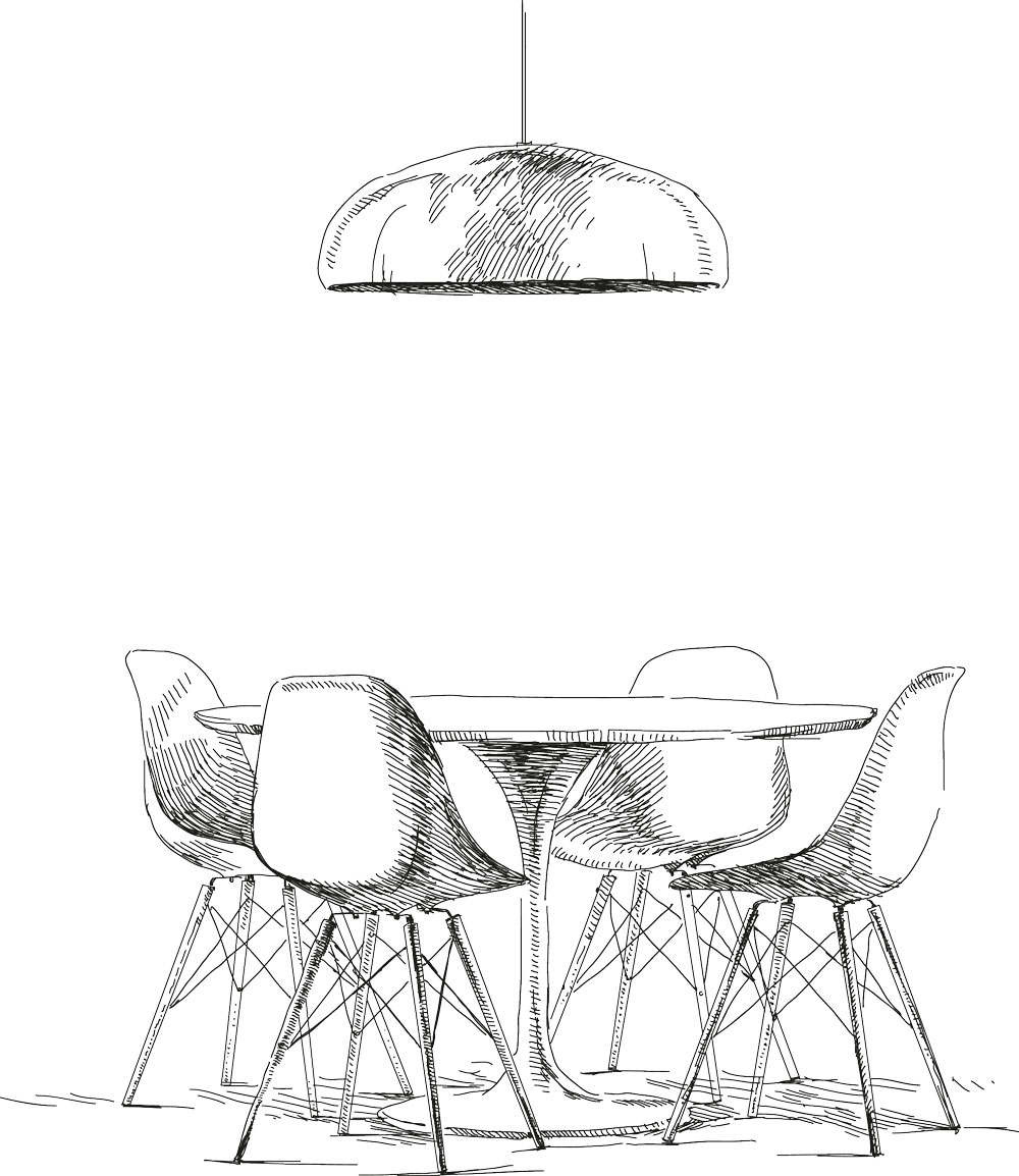 Ein Tisch mit Lampe und Stühlen zeigt eine Dialogsituation